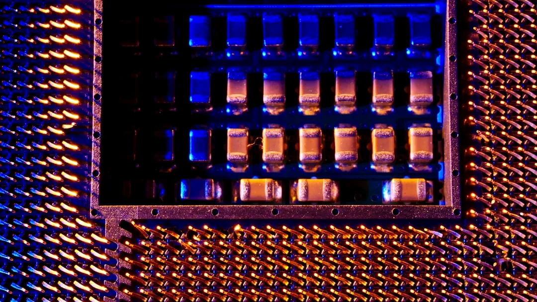 A close up of a metal structure with blue lights