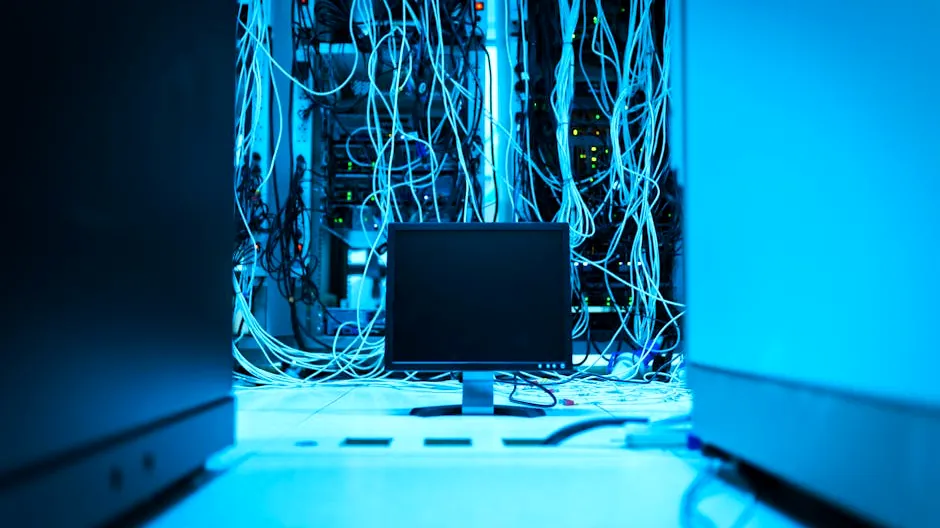 A complex network of cables in a data center with a monitor in the foreground.