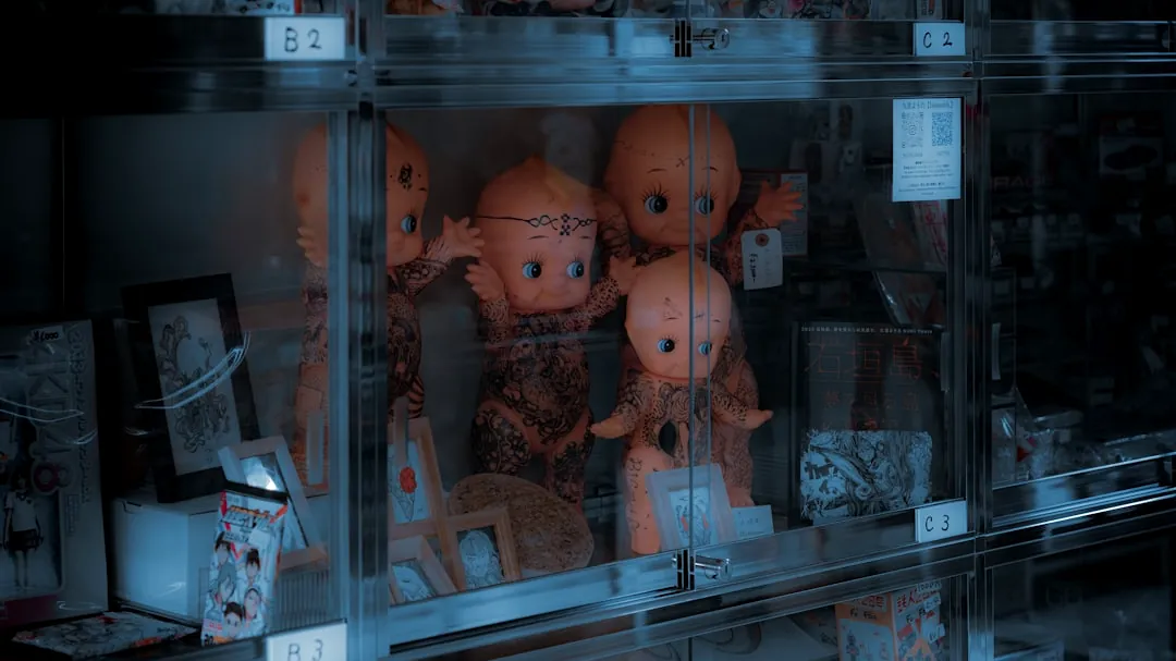 a display case filled with lots of stuffed animals