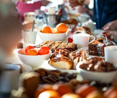 A group of people sitting at a table eating food