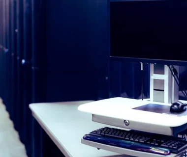 A modern data center featuring a computer setup with monitor and keyboard, emphasizing technology infrastructure.