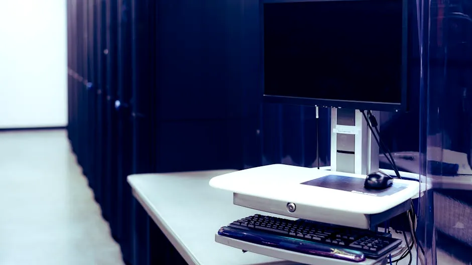 A modern data center featuring a computer setup with monitor and keyboard, emphasizing technology infrastructure.