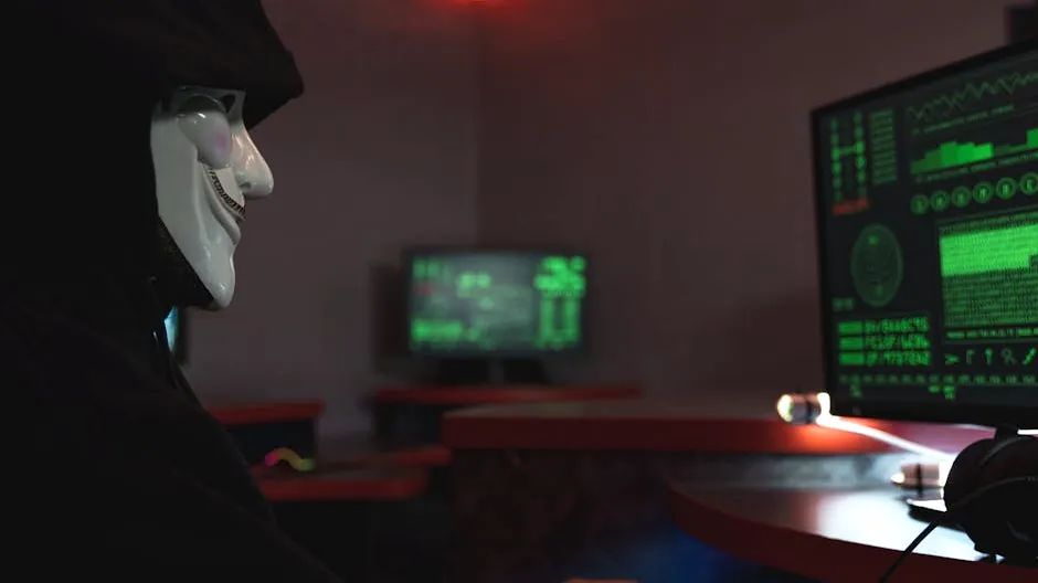A person wearing a hacker mask operates a computer in a dimly lit room with digital displays.
