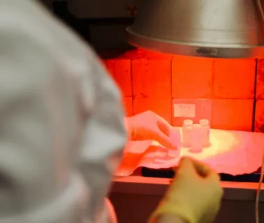 A scientist carefully handles samples in a lab under infrared light, reflecting precision and safety.
