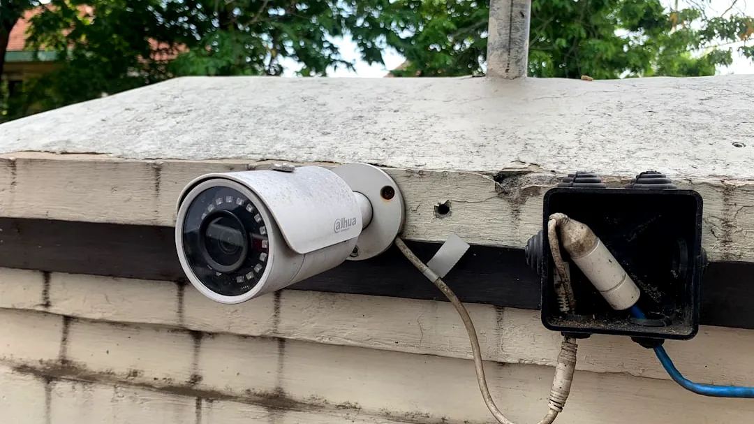 black and white camera on white concrete wall