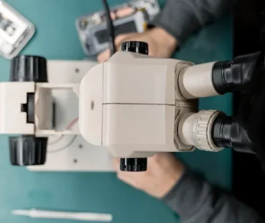 Close-up of a technician using a microscope for phone repair, highlighting precision work.