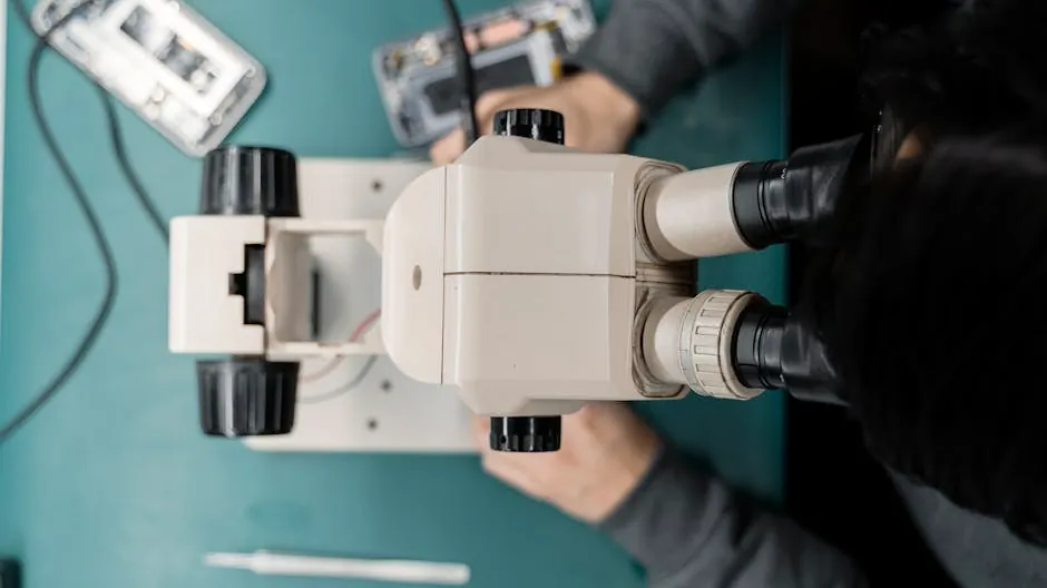 Close-up of a technician using a microscope for phone repair, highlighting precision work.