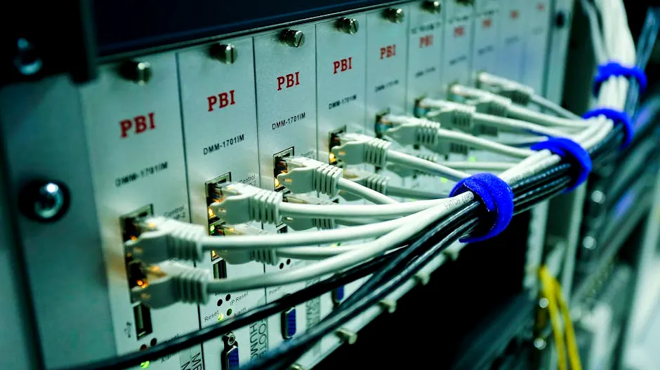 Close-up of ethernet cables connected to a network switch panel in a data center.