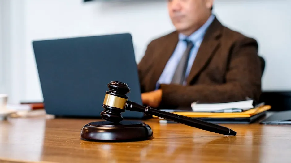 Crop concentrated Asian male judge in formal clothes sitting using modern netbook while working in law office