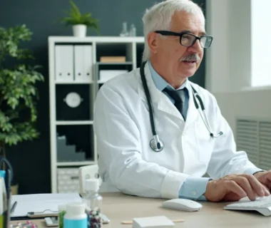Doctor typing on computer in office