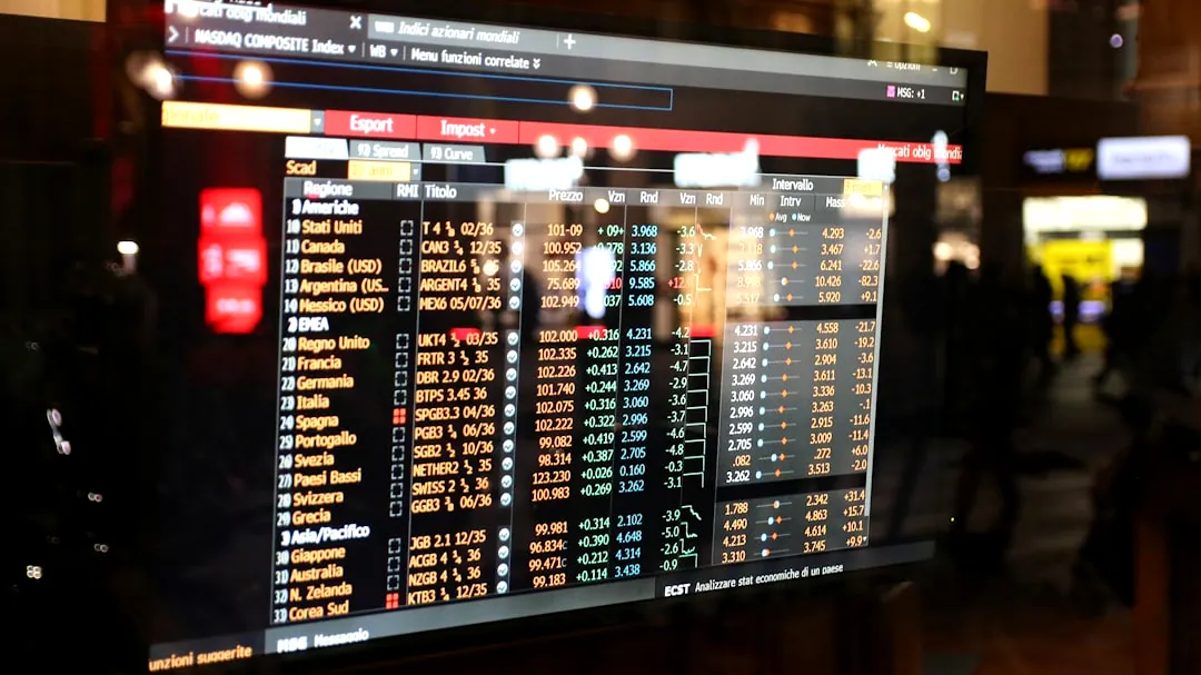 Financial stock market data displayed on a screen.
