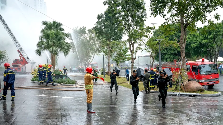 Firefighters and rescuers in action controlling a fire outdoors, using hoses.
