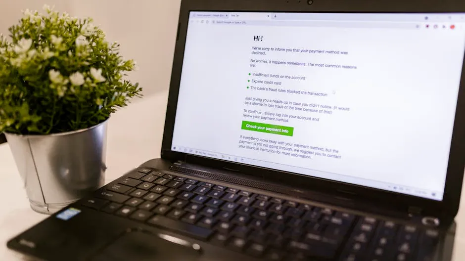 Laptop displaying payment method decline notice alongside a potted plant on a white surface.