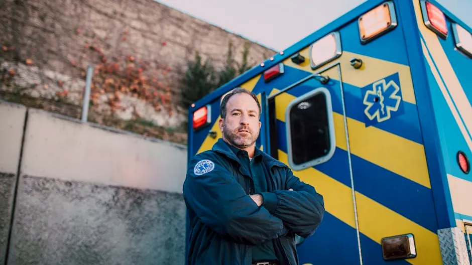 Male paramedic standing confidently beside a blue and yellow ambulance outdoors.