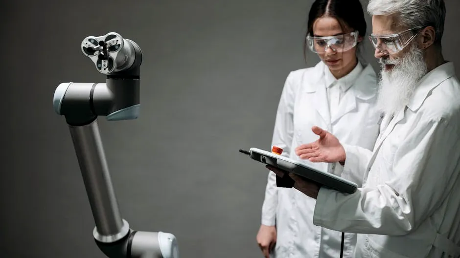 Researchers in lab coats and safety glasses engaging with a robotic arm in a lab setting.