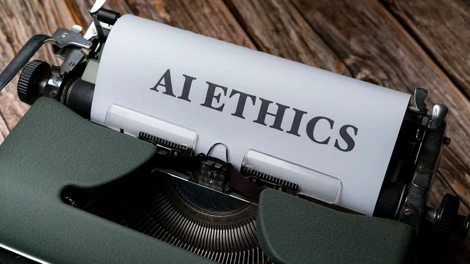 Retro typewriter with 'AI Ethics' on paper, conveying technology themes.