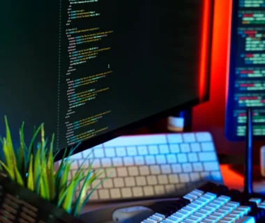 Screens display coding text, representing programming work.