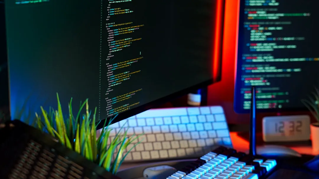 Screens display coding text, representing programming work.