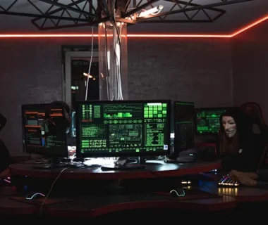 Team of hackers with Guy Fawkes masks coding in a dark room with computers.