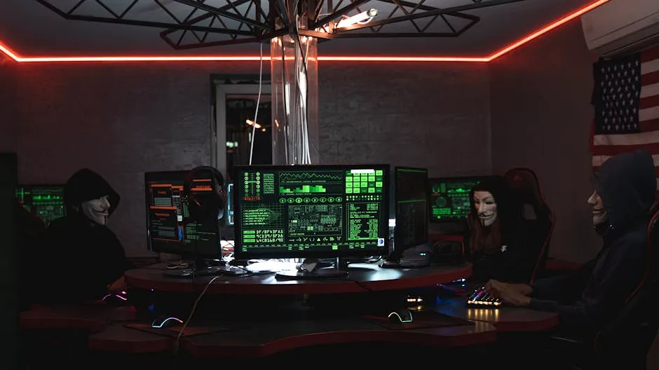 Team of hackers with Guy Fawkes masks coding in a dark room with computers.