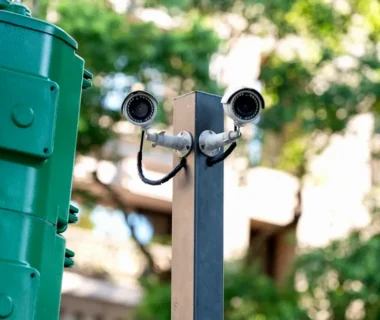 Two security cameras mounted on a pole.