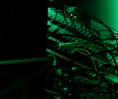 a close up of a rack of computer equipment