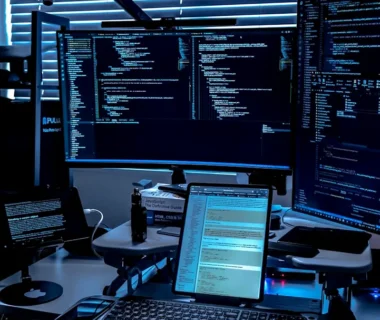 a desk with several monitors