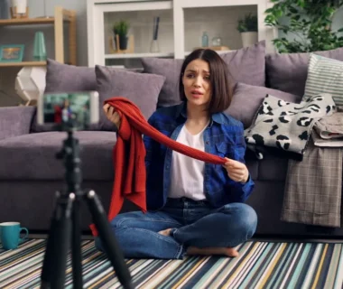 a woman sitting on the floor holding a red scarf