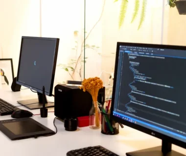 black flat screen computer monitor turned on beside black computer keyboard