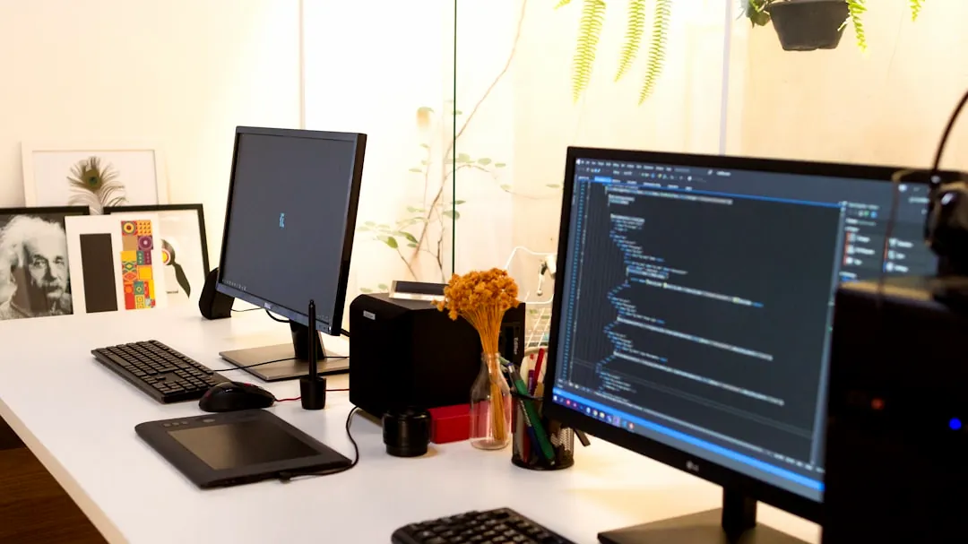 black flat screen computer monitor turned on beside black computer keyboard