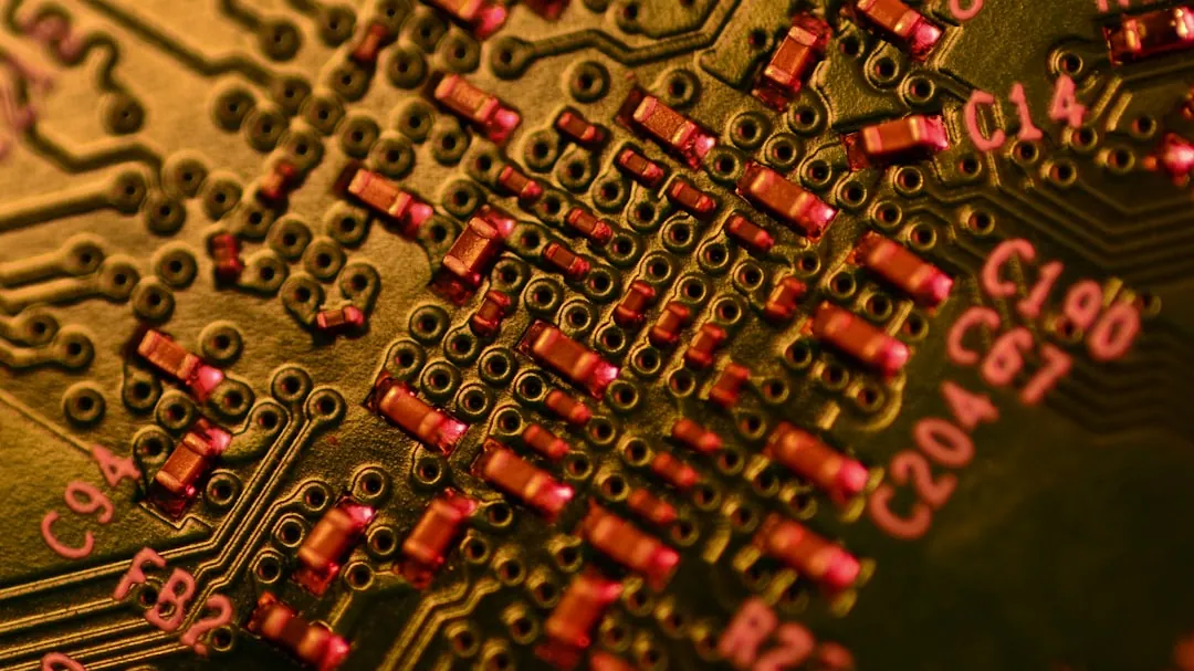 Close-up of a complex electronic circuit board with many components.