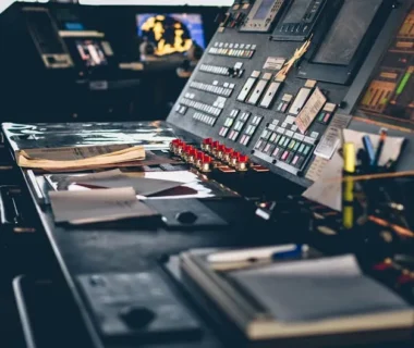 Close-up of a modern control panel in an Istanbul office with buttons and switches.