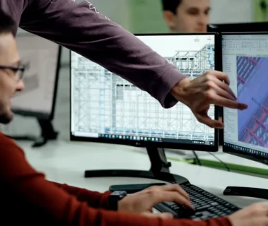 Colleagues collaborate while examining computer designs.