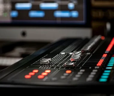 Detailed photo of an audio mixer with vibrant lights and screens in a professional studio.