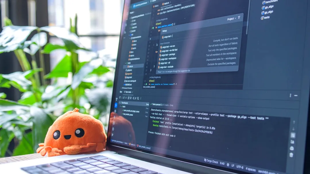 Laptop screen displaying code with a small plush toy.