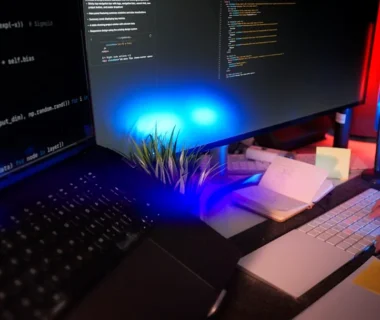 Programmer coding at a desk with several monitors.