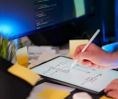 Someone is drawing on a tablet at their desk.