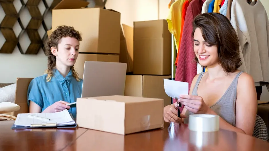 Two women organizing and managing an online clothing store with boxes and a laptop.