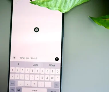 a cell phone with a keyboard and a plant