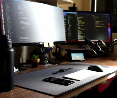 a computer desk with two monitors and a mouse