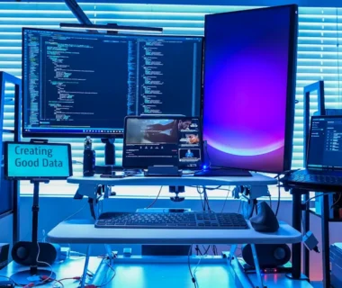 a desk with several computers