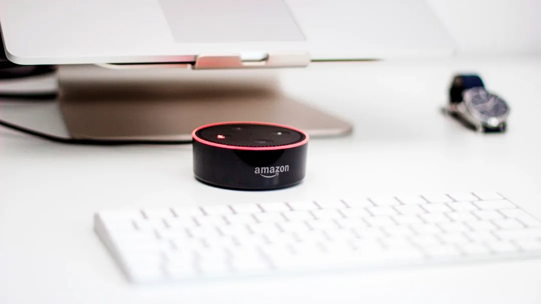 black Amazon Echo Dot speaker beside Apple Magic Mouse