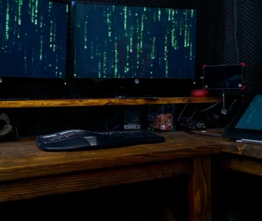 black computer keyboard on brown wooden desk