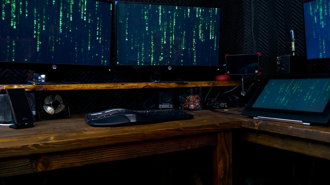 black computer keyboard on brown wooden desk