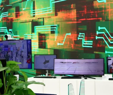 Digital screens display data on a circuit board background