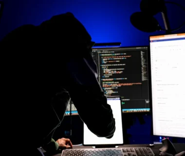 a man sitting in front of a computer monitor